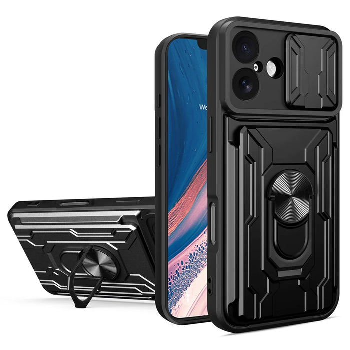 For iPhone 17 Case PC + TPU Kickstand Phone Back Cover with Camera Slider - Black - 1