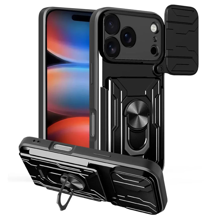 For iPhone 17 Pro Case PC + TPU Kickstand Phone Back Cover with Camera Slider - Black - 1