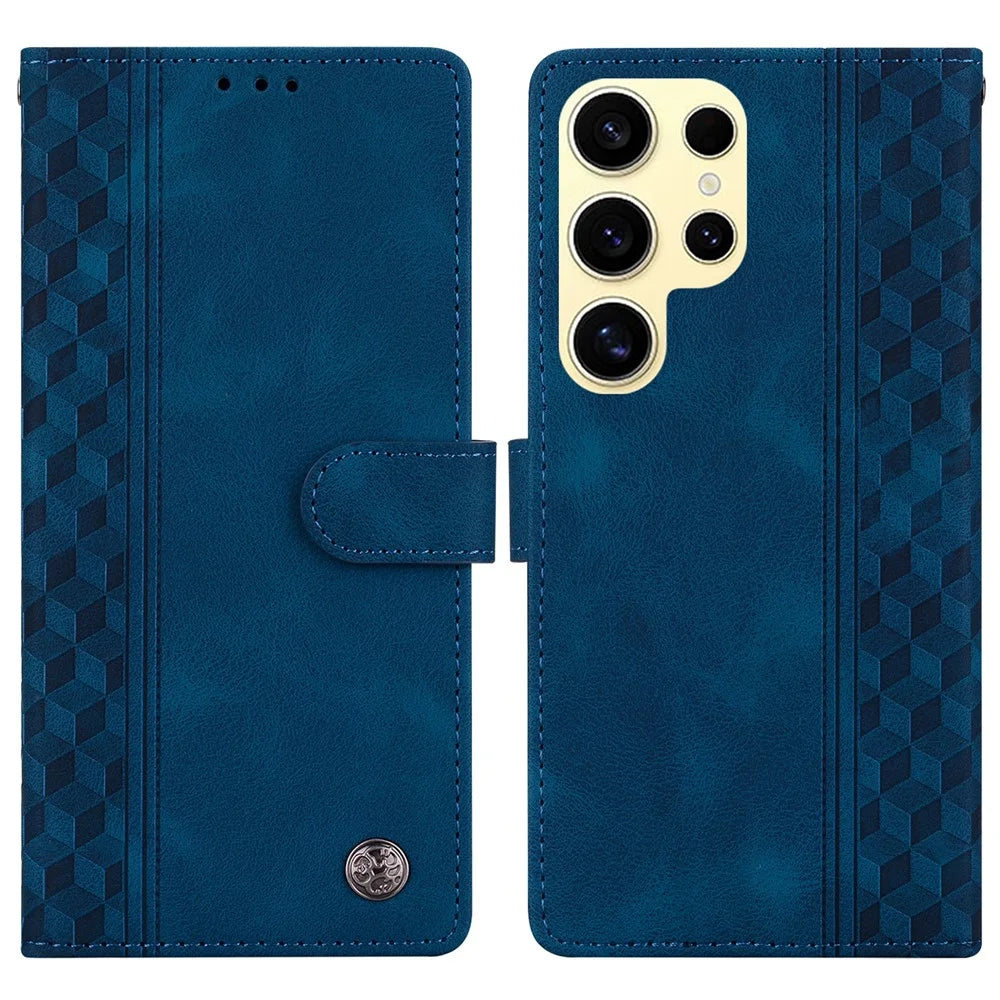 For Samsung Galaxy S25 Ultra Leather Case Imprinted Checkered Pattern Wallet Stand Flip Phone Cover - Blue - 1