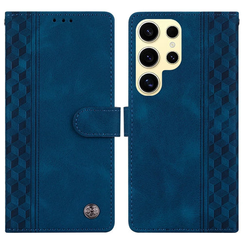 For Samsung Galaxy S25 Ultra Leather Case Imprinted Checkered Pattern Wallet Stand Flip Phone Cover - Blue - 1