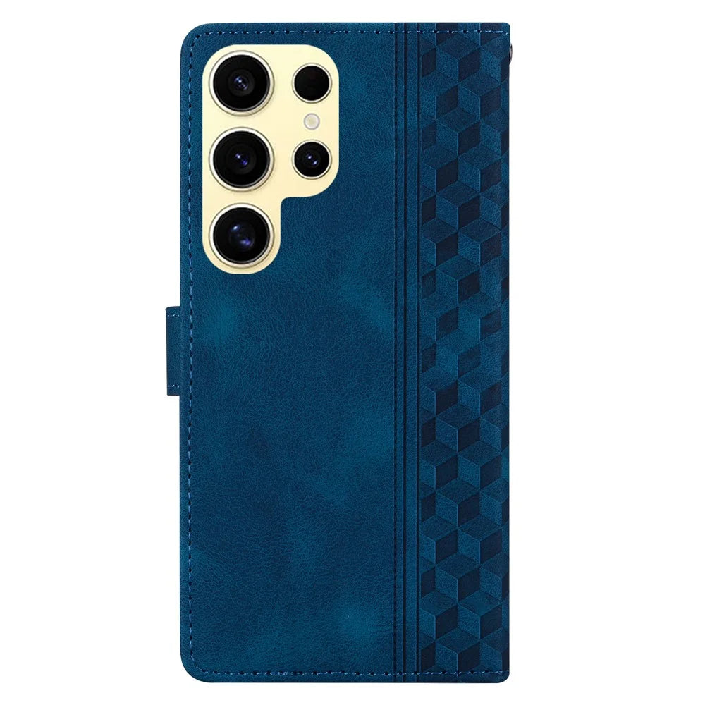 For Samsung Galaxy S25 Ultra Leather Case Imprinted Checkered Pattern Wallet Stand Flip Phone Cover - Blue - 5