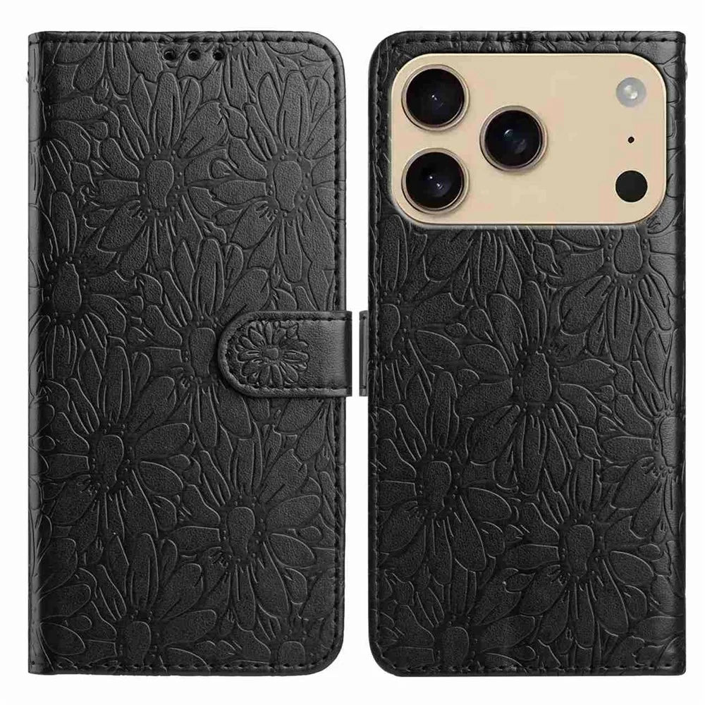 For iPhone 18 Pro / 17 Pro Leather Case Daisy Imprint Wallet Stand Phone Protective Cover - Black - 1