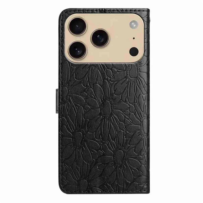 For iPhone 18 Pro / 17 Pro Leather Case Daisy Imprint Wallet Stand Phone Protective Cover - Black - 5