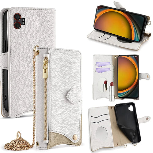 For Samsung Galaxy XCover7 Pro Leather Case Wallet Stand Cover Irregular Tail Style with Chain Strap - White - 1