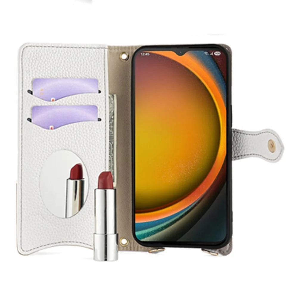 For Samsung Galaxy XCover7 Pro Leather Case Wallet Stand Cover Irregular Tail Style with Chain Strap - White - 3