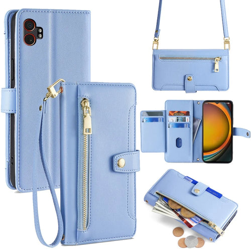 For Samsung Galaxy XCover7 Pro Leather Case Zipper Pocket Wallet Phone Cover with 2 Straps - Blue - 1
