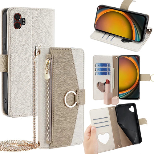 For Samsung Galaxy XCover7 Pro Case Mirror Wallet Leather Phone Cover with Chain Shoulder Strap - White - 1