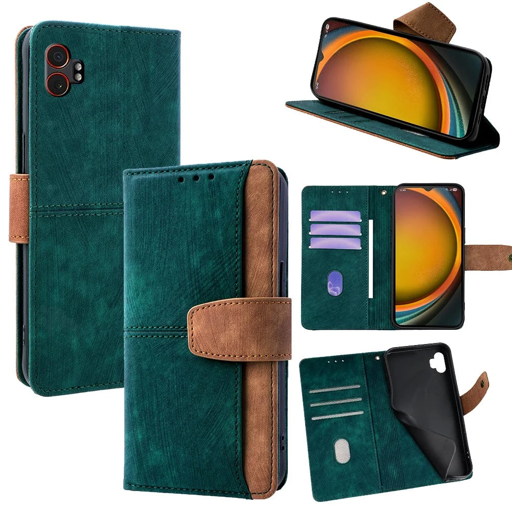 For Samsung Galaxy XCover7 Pro Case RFID Blocking Color Splicing PU Leather Wallet Phone Cover - Green - 1