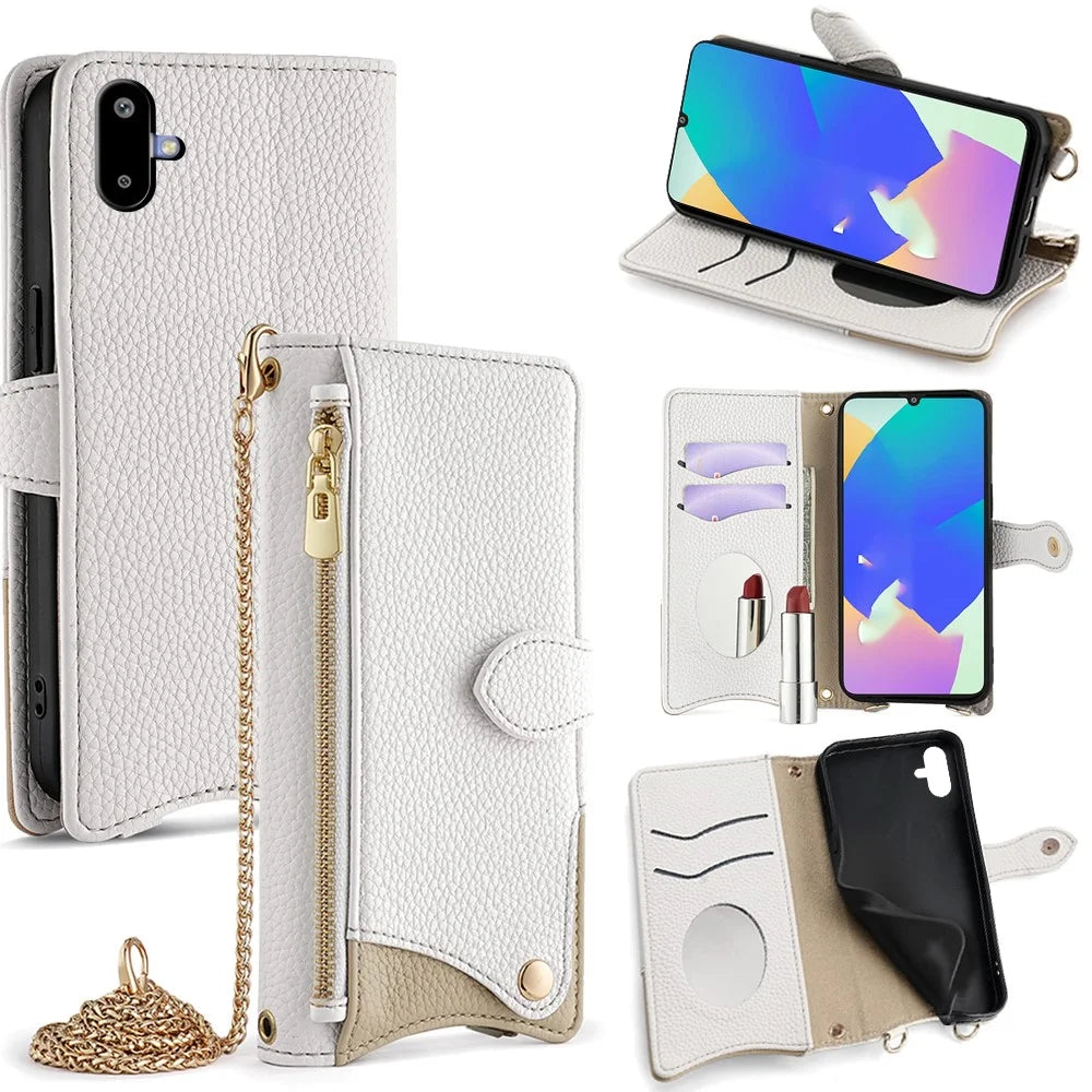 For Samsung Galaxy F06 5G Leather Case Wallet Stand Cover Irregular Tail Style with Chain Strap - White - 1
