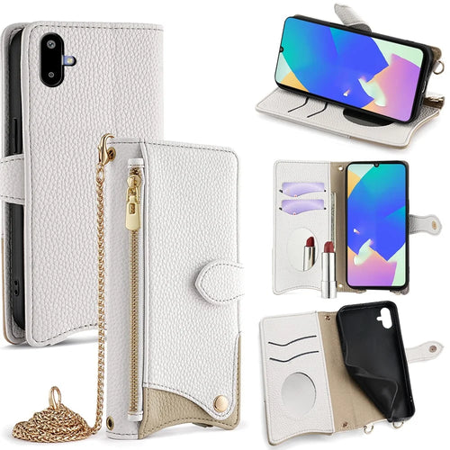 For Samsung Galaxy F06 5G Leather Case Wallet Stand Cover Irregular Tail Style with Chain Strap - White - 1
