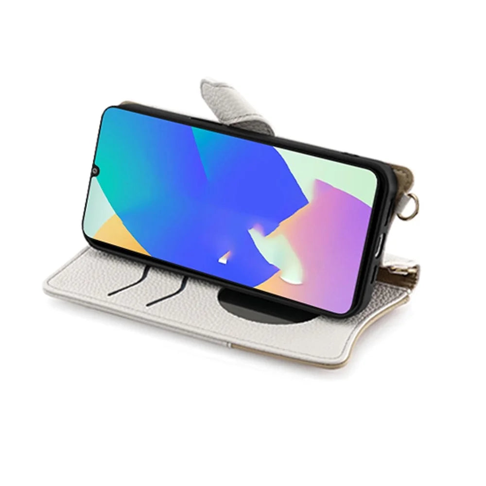 For Samsung Galaxy F06 5G Leather Case Wallet Stand Cover Irregular Tail Style with Chain Strap - White - 3