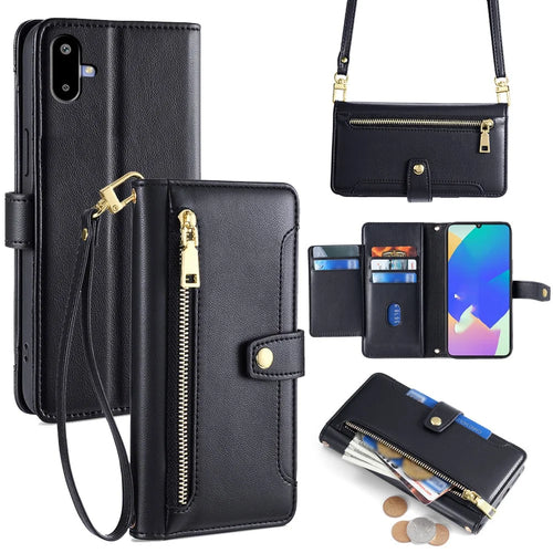 For Samsung Galaxy F06 5G Leather Case Zipper Pocket Wallet Phone Cover with 2 Straps - Black - 1