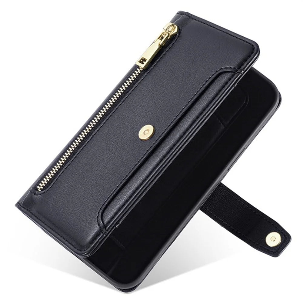 For Samsung Galaxy F06 5G Leather Case Zipper Pocket Wallet Phone Cover with 2 Straps - Black - 5