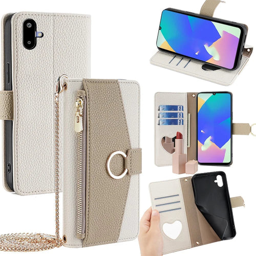 For Samsung Galaxy F06 5G Case Mirror Wallet Leather Phone Cover with Chain Shoulder Strap - White - 1