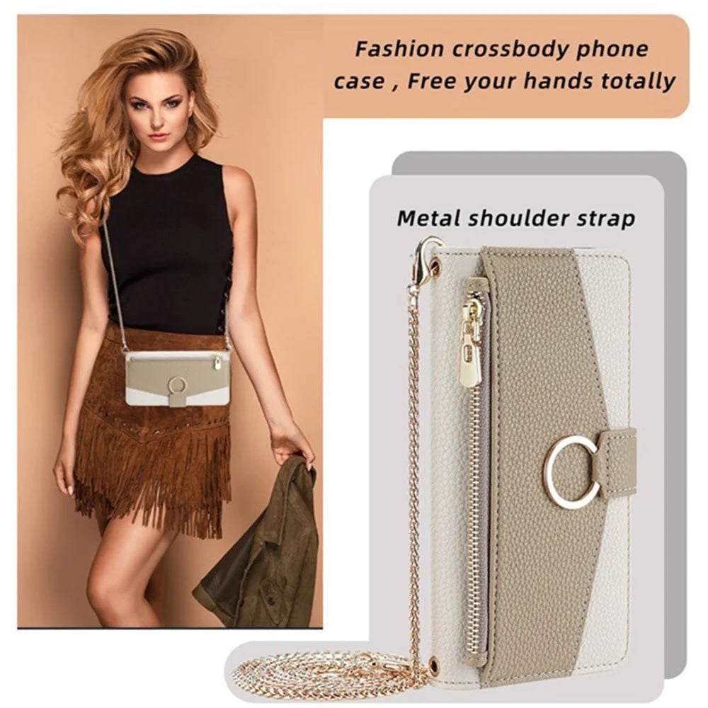 For Samsung Galaxy F06 5G Case Mirror Wallet Leather Phone Cover with Chain Shoulder Strap - White - 7