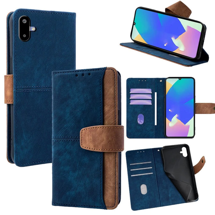 For Samsung Galaxy F06 5G Case RFID Blocking Color Splicing PU Leather Wallet Phone Cover - Blue - 1