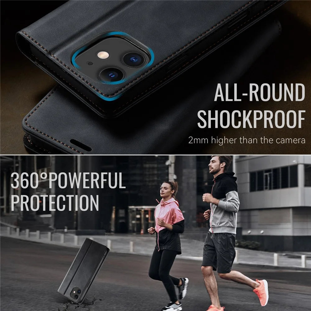 CASEME For iPhone 12 mini 5.4 inch Case  033 Series RFID Blocking Wallet Stand Calf Texture Leather Phone Cover - Black - 6