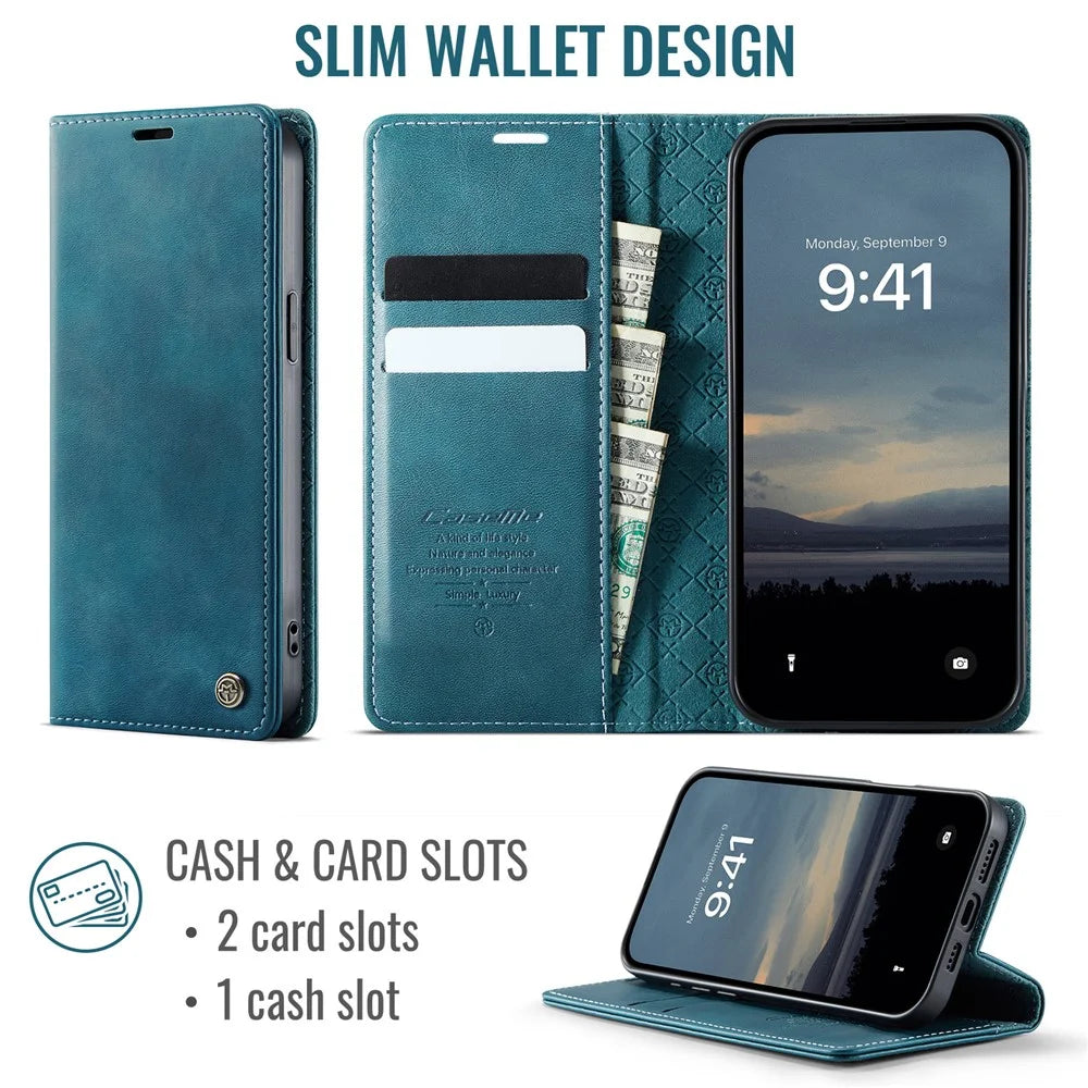 CASEME For iPhone 13 mini 5.4 inch Case  033 Series RFID Blocking Wallet Stand Calf Texture Leather Phone Cover - Green - 2