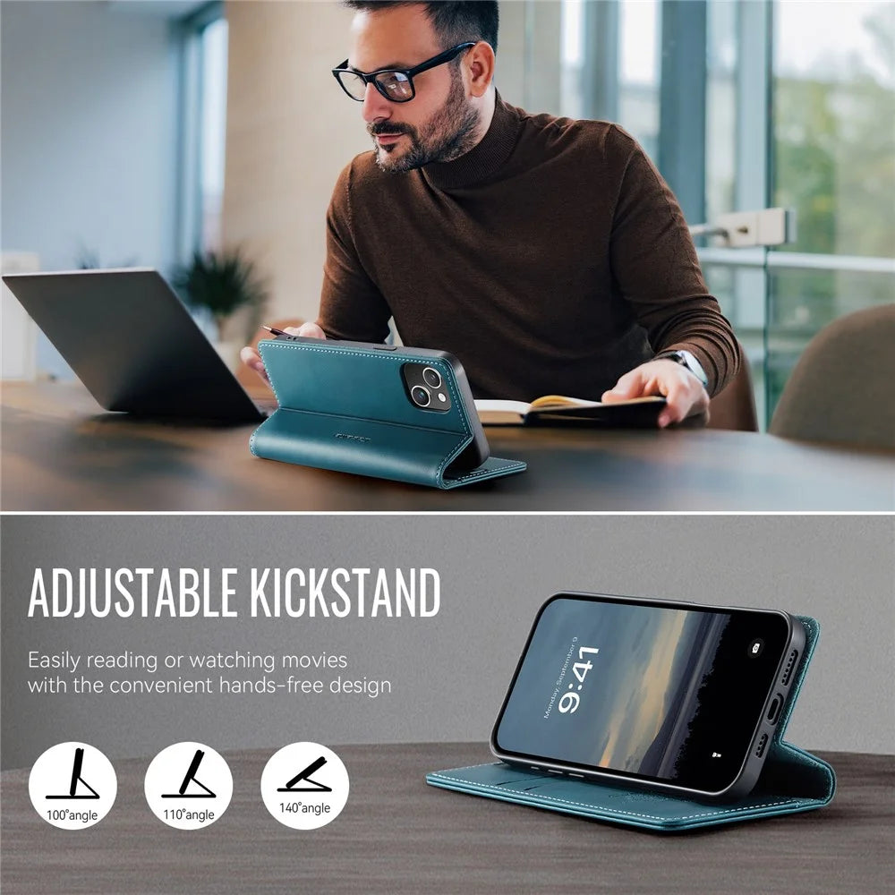 CASEME For iPhone 13 mini 5.4 inch Case  033 Series RFID Blocking Wallet Stand Calf Texture Leather Phone Cover - Green - 5