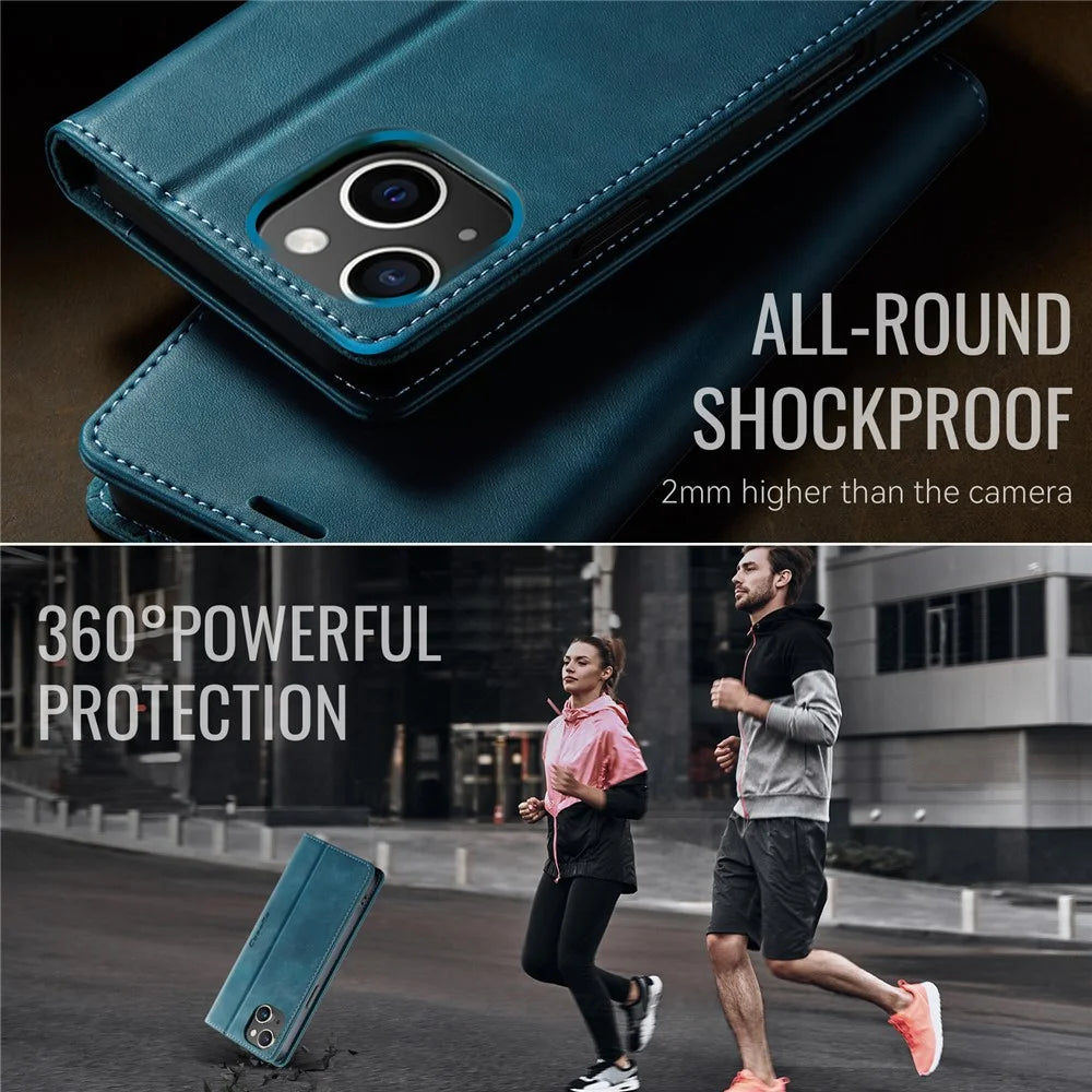 CASEME For iPhone 13 mini 5.4 inch Case  033 Series RFID Blocking Wallet Stand Calf Texture Leather Phone Cover - Green - 6