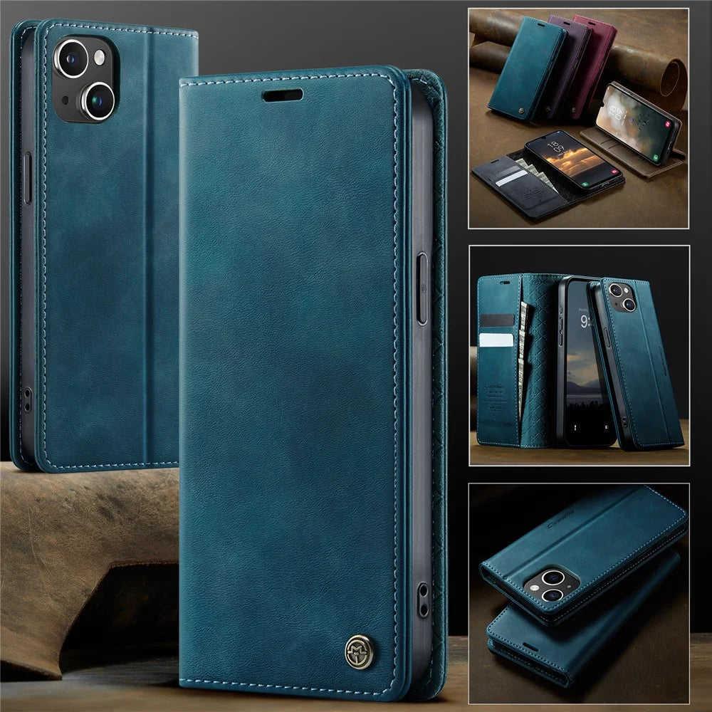 CASEME For iPhone 13 mini 5.4 inch Case  033 Series RFID Blocking Wallet Stand Calf Texture Leather Phone Cover - Green - 7