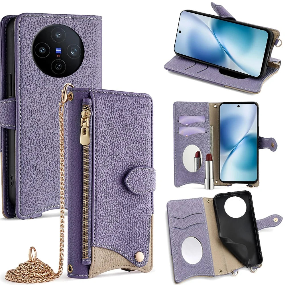 For vivo X200s 5G Leather Case Wallet Stand Cover Irregular Tail Style with Chain Strap - Purple - 1