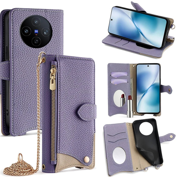 For vivo X200s 5G Leather Case Wallet Stand Cover Irregular Tail Style with Chain Strap - Purple - 1