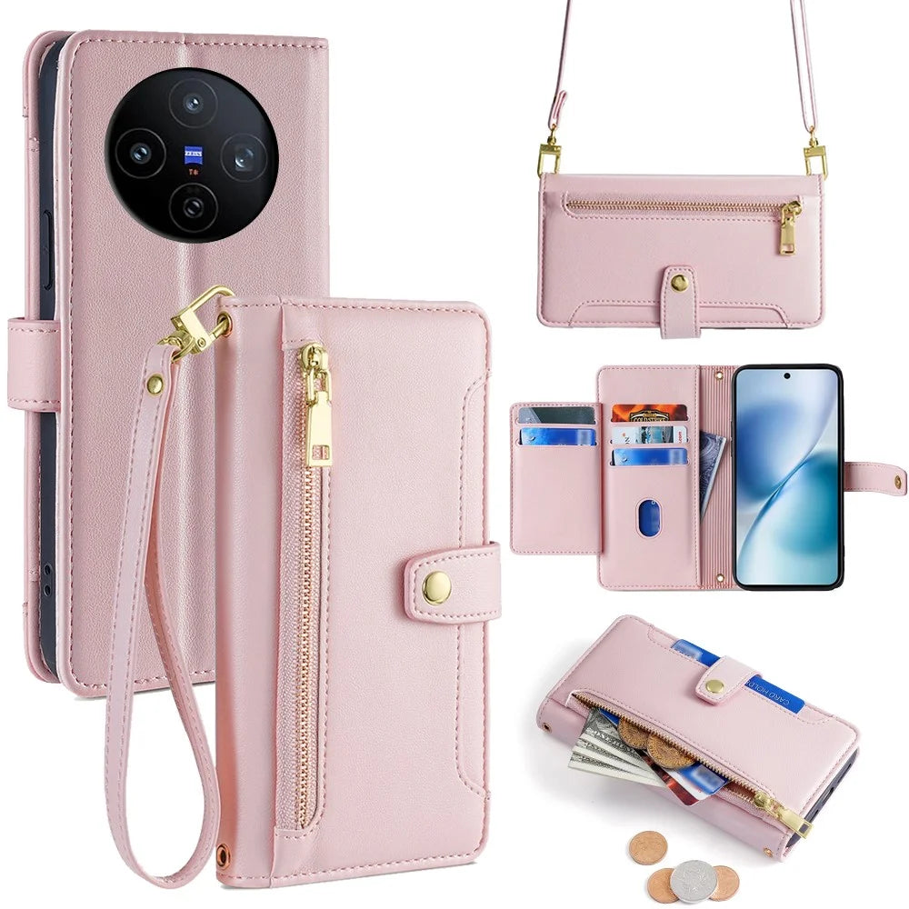 For vivo X200s 5G Leather Case Zipper Pocket Wallet Phone Cover with 2 Straps - Pink - 1