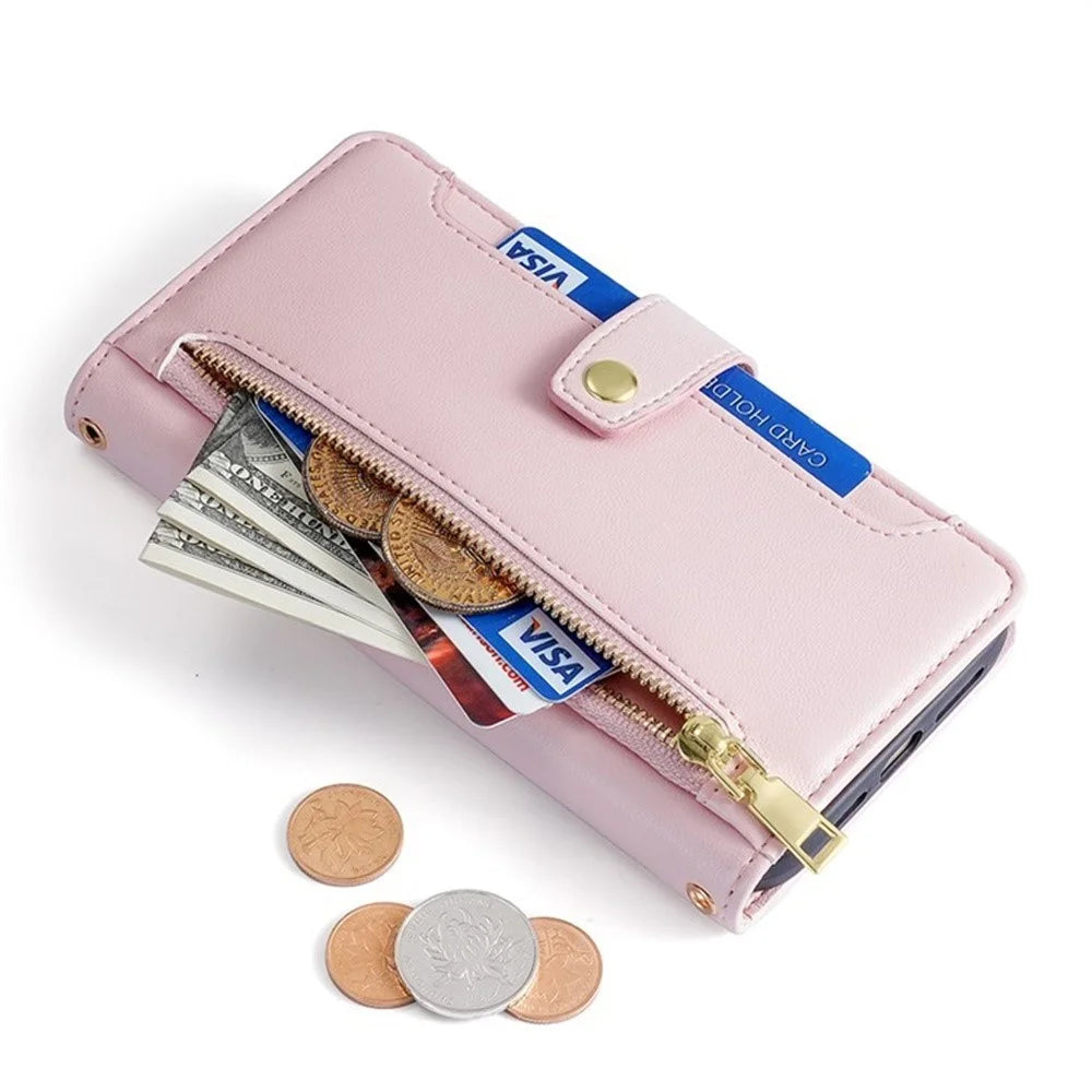 For vivo X200s 5G Leather Case Zipper Pocket Wallet Phone Cover with 2 Straps - Pink - 6
