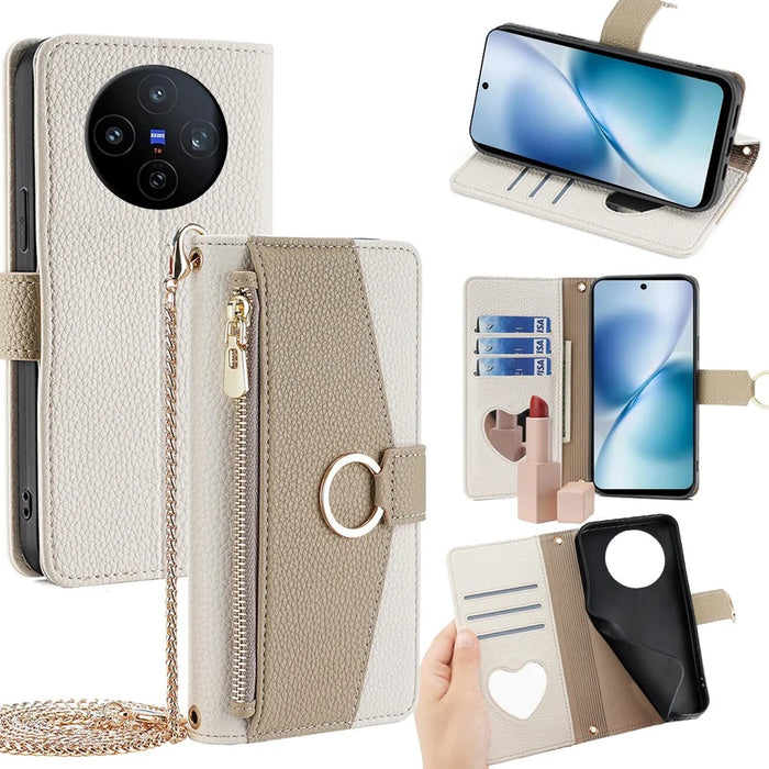 For vivo X200s 5G Case Mirror Wallet Leather Phone Cover with Chain Shoulder Strap - White - 1