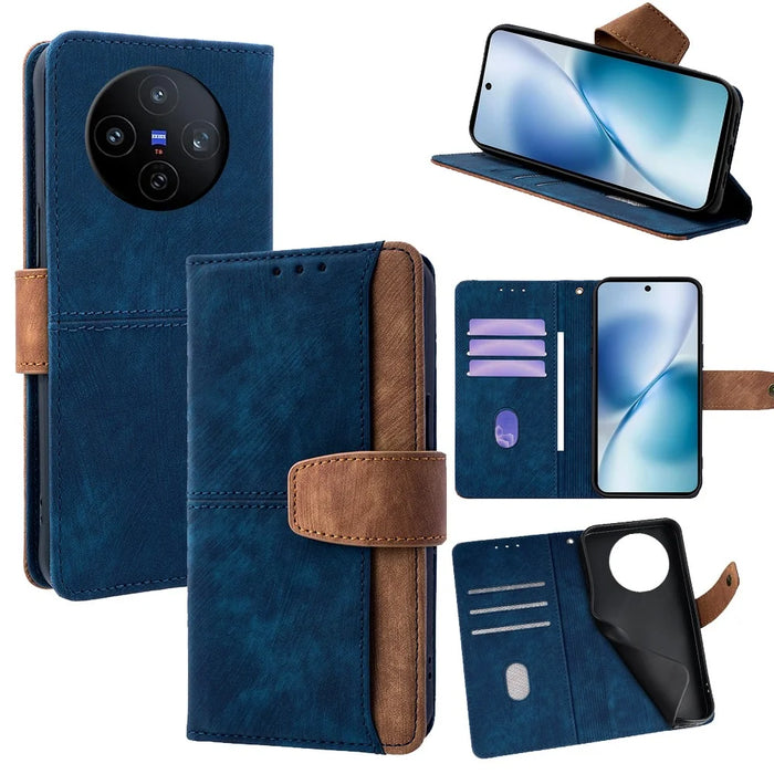 For vivo X200s 5G Case RFID Blocking Color Splicing PU Leather Wallet Phone Cover - Blue - 1