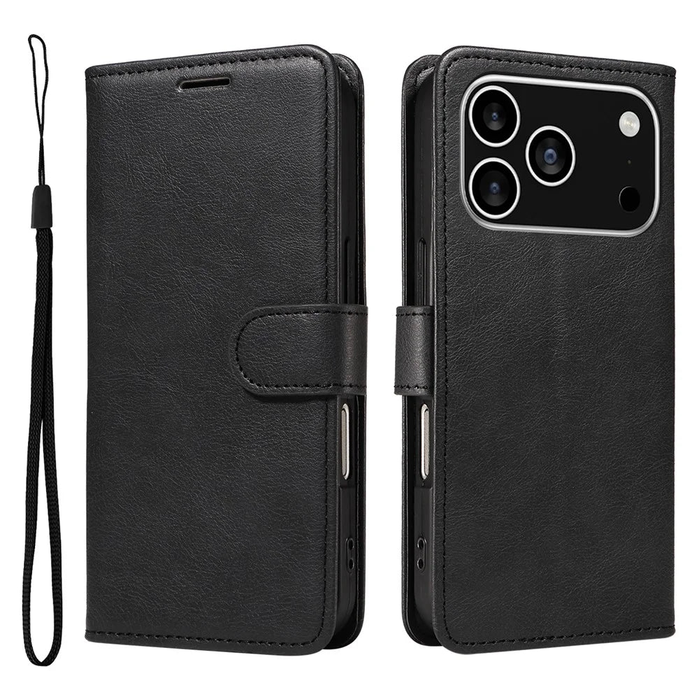 For iPhone 18 Pro / 17 Pro Leather Wallet Case with Strap Solid Color Phone Stand Cover - Black - 1