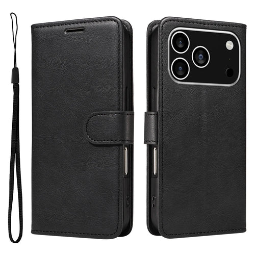For iPhone 18 Pro / 17 Pro Leather Wallet Case with Strap Solid Color Phone Stand Cover - Black - 1