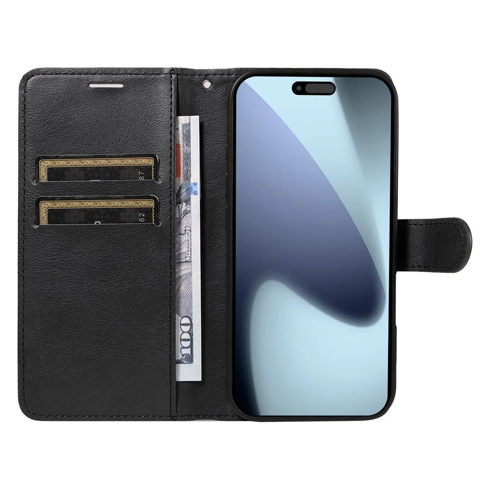 For iPhone 18 Pro / 17 Pro Leather Wallet Case with Strap Solid Color Phone Stand Cover - Black - 2
