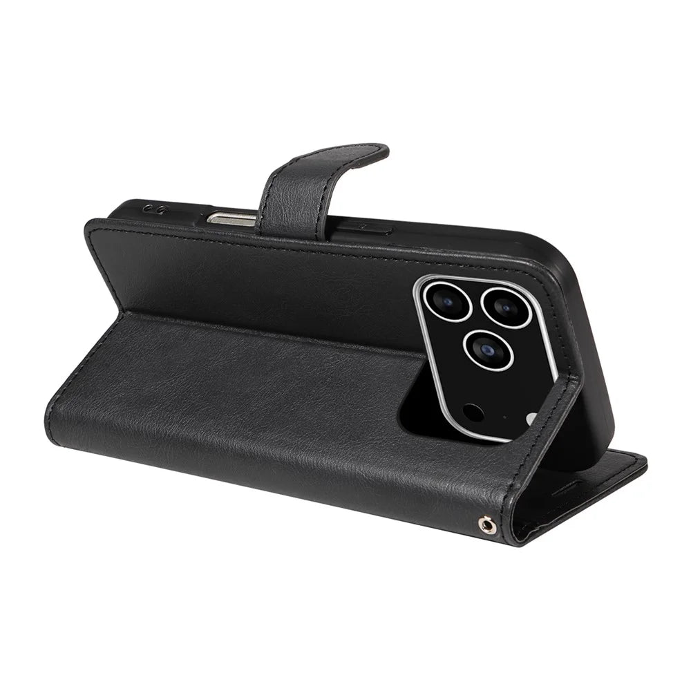For iPhone 18 Pro / 17 Pro Leather Wallet Case with Strap Solid Color Phone Stand Cover - Black - 3
