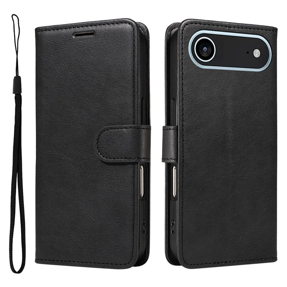 For iPhone Air Leather Wallet Case with Strap Solid Color Phone Stand Cover - Black - 1
