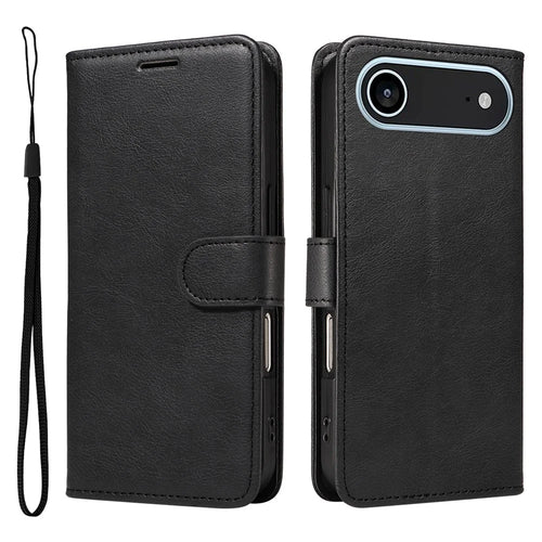 For iPhone Air Leather Wallet Case with Strap Solid Color Phone Stand Cover - Black - 1
