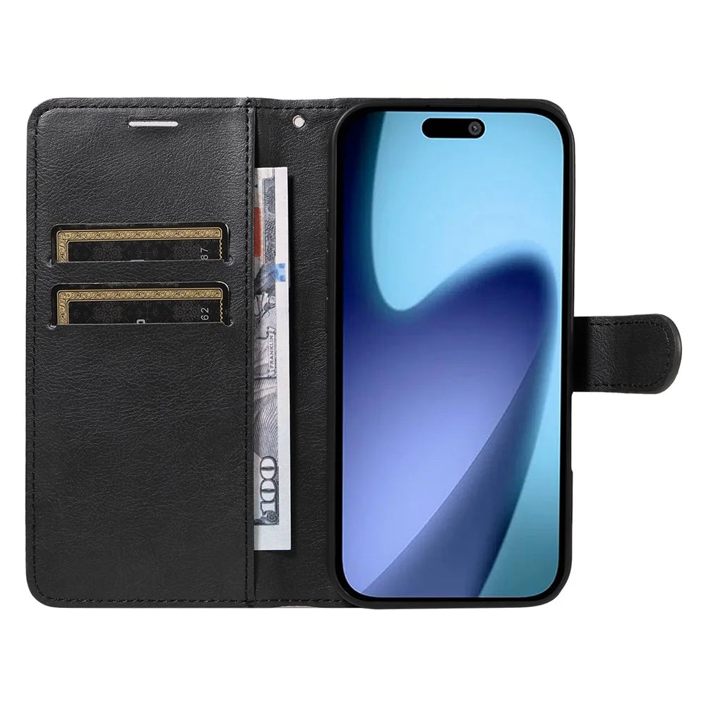 For iPhone Air Leather Wallet Case with Strap Solid Color Phone Stand Cover - Black - 2