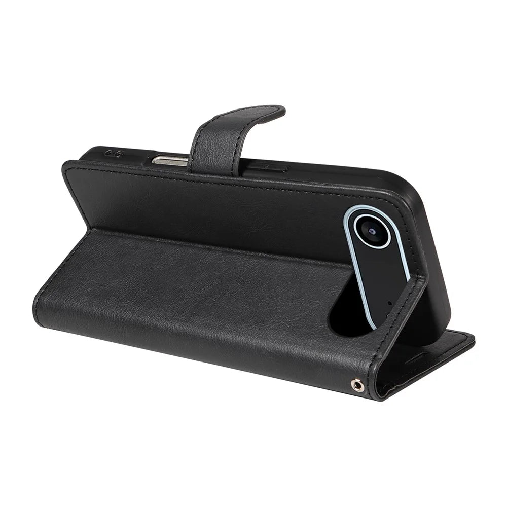 For iPhone Air Leather Wallet Case with Strap Solid Color Phone Stand Cover - Black - 3