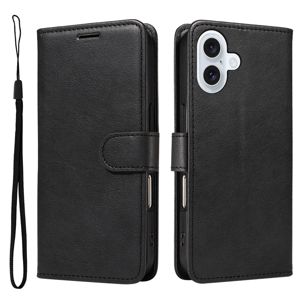 For iPhone 17 Leather Wallet Case with Strap Solid Color Phone Stand Cover - Black - 1