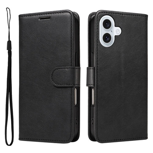 For iPhone 17 Leather Wallet Case with Strap Solid Color Phone Stand Cover - Black - 1