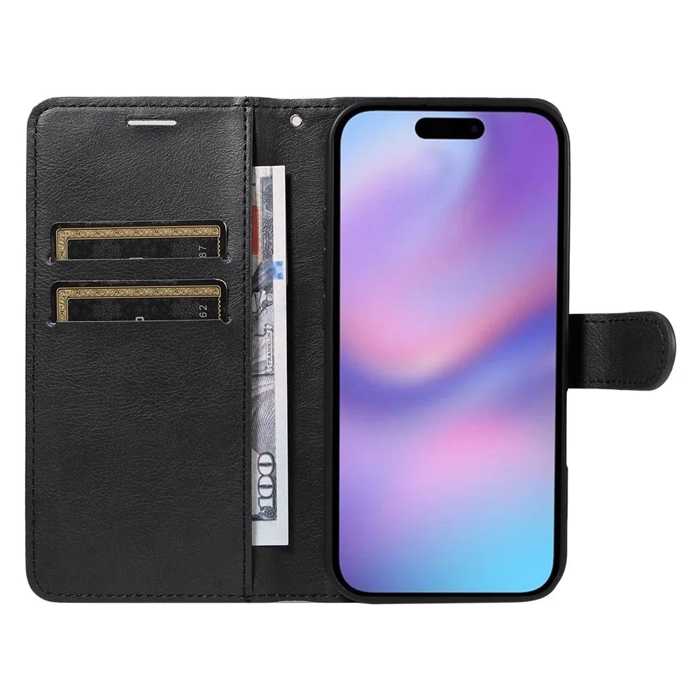 For iPhone 17 Leather Wallet Case with Strap Solid Color Phone Stand Cover - Black - 2