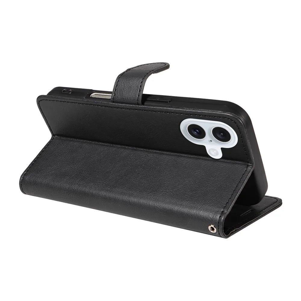 For iPhone 17 Leather Wallet Case with Strap Solid Color Phone Stand Cover - Black - 3