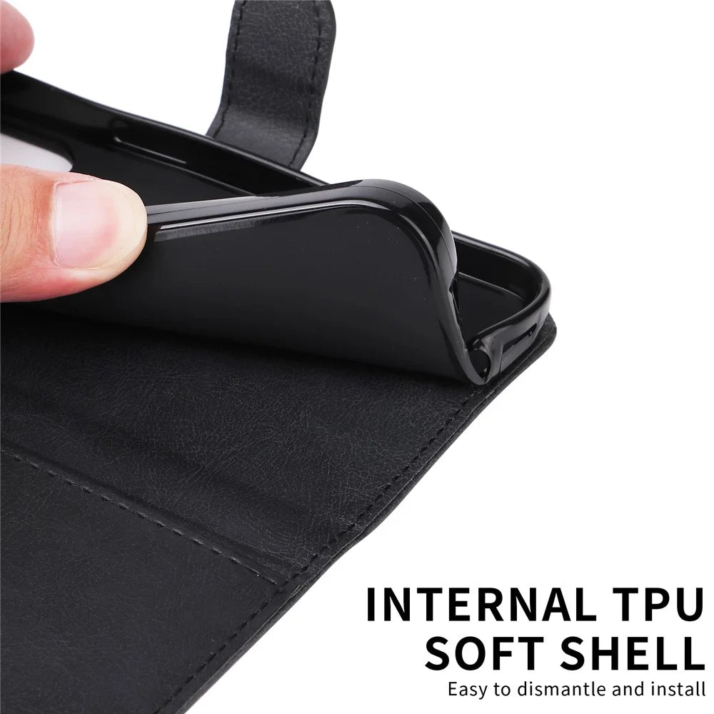 For iPhone 17 Leather Wallet Case with Strap Solid Color Phone Stand Cover - Black - 6