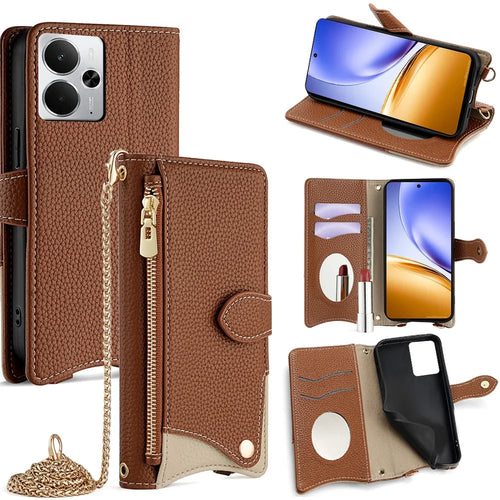 For Realme 14 5G Leather Case Wallet Stand Cover Irregular Tail Style with Chain Strap - Brown - 1