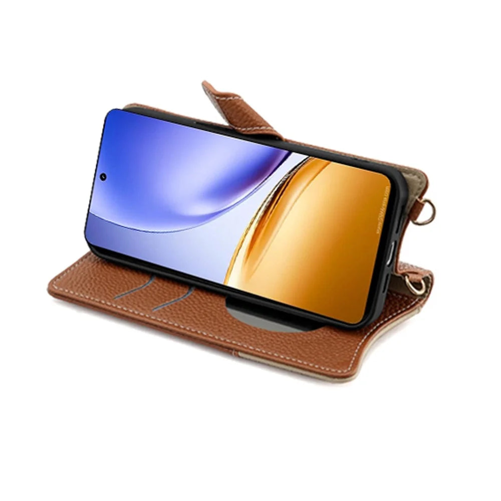 For Realme 14 5G Leather Case Wallet Stand Cover Irregular Tail Style with Chain Strap - Brown - 2
