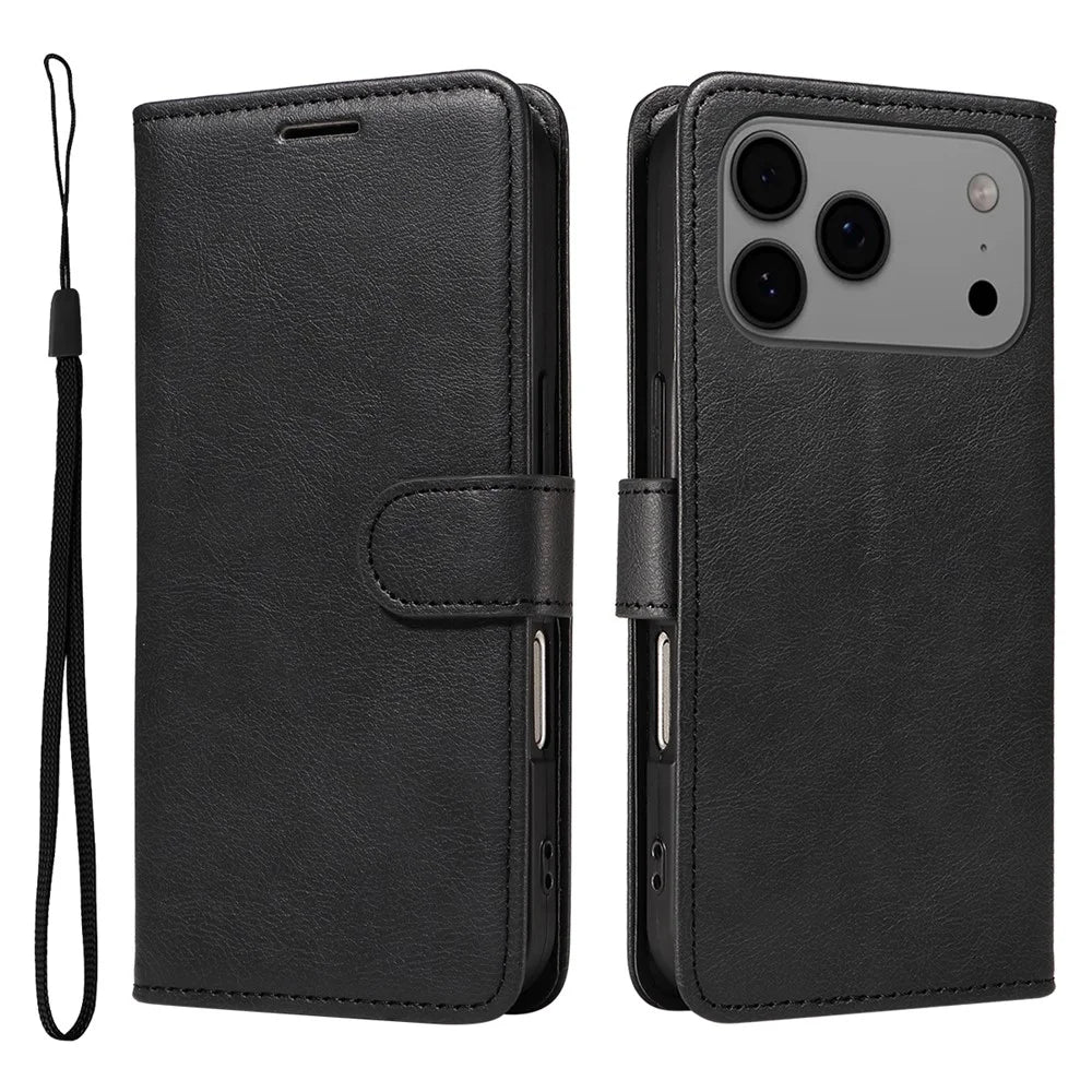 For iPhone 18 Pro Max / 17 Pro Max Leather Wallet Case with Strap Solid Color Phone Stand Cover - Black - 1