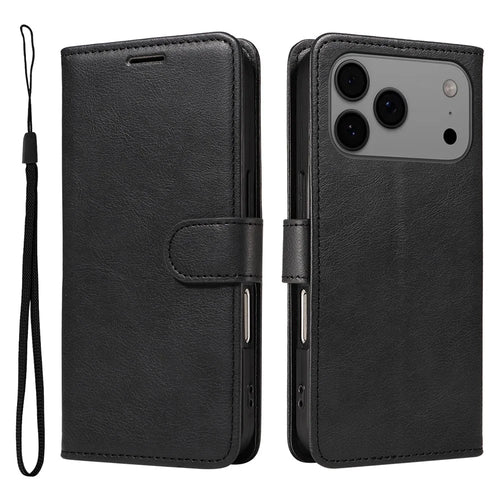 For iPhone 18 Pro Max / 17 Pro Max Leather Wallet Case with Strap Solid Color Phone Stand Cover - Black - 1
