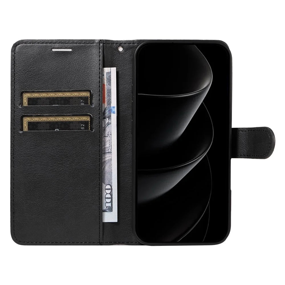 For iPhone 18 Pro Max / 17 Pro Max Leather Wallet Case with Strap Solid Color Phone Stand Cover - Black - 2