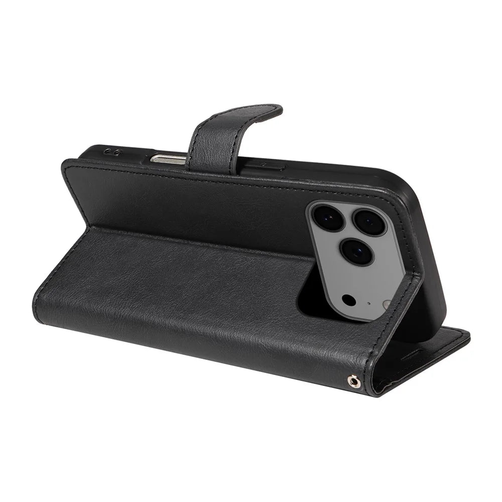 For iPhone 18 Pro Max / 17 Pro Max Leather Wallet Case with Strap Solid Color Phone Stand Cover - Black - 3